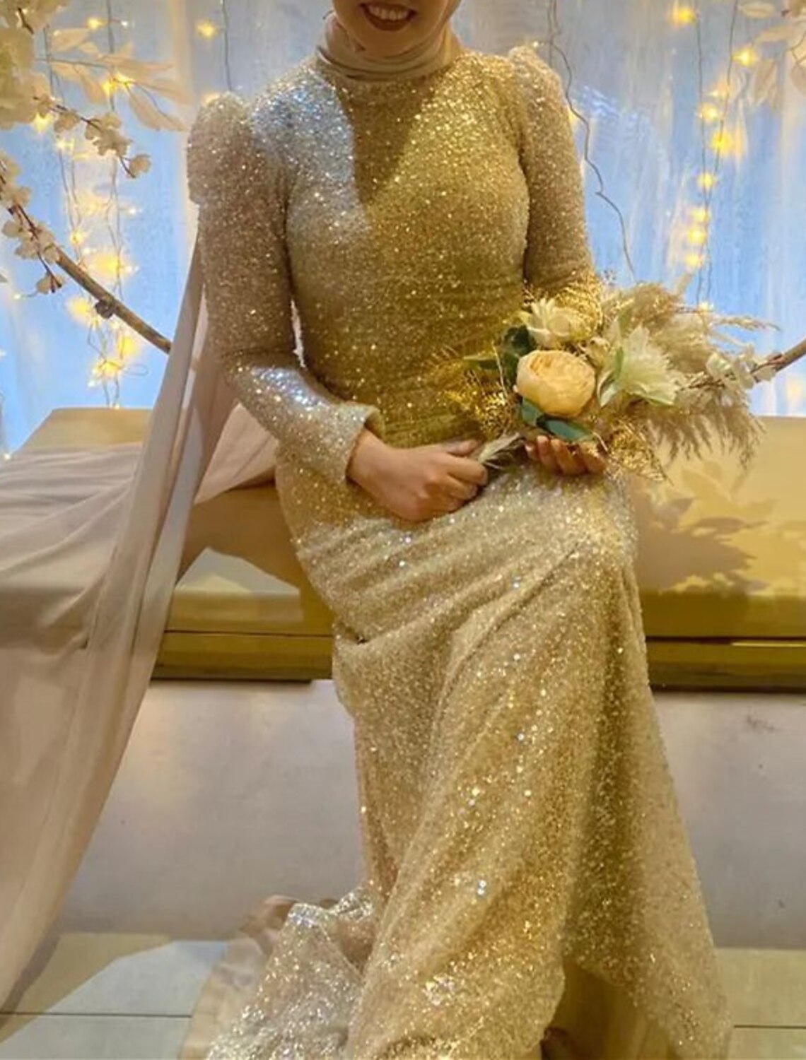 Mermaid / Trumpet Evening Gown Elegant Dress Wedding Guest Sweep / Brush Train Long Sleeve High Neck Satin with Pearls Sequin Overskirt