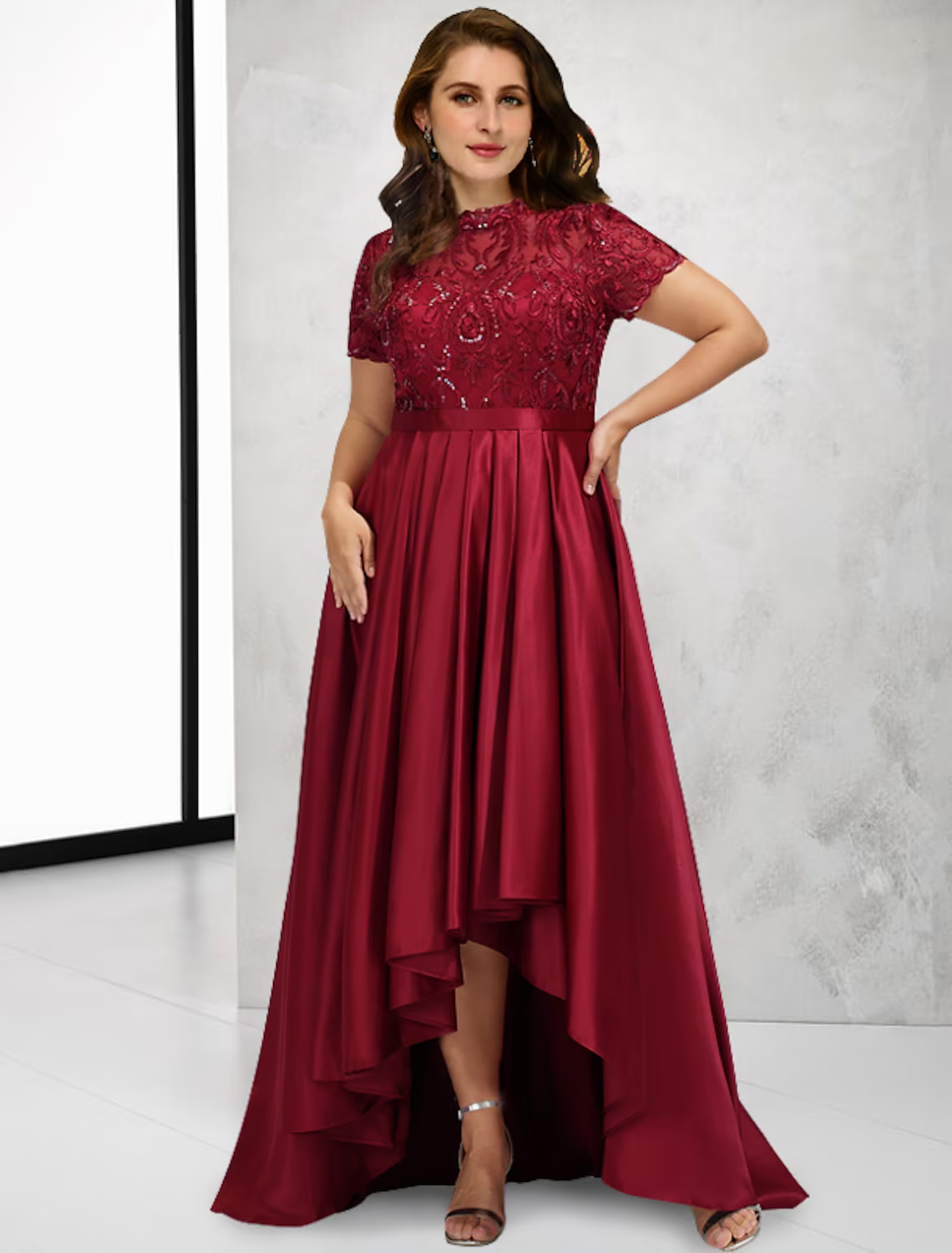 A-Line Plus Size Curve Mother of the Bride Dresses Vintage Dress Formal Asymmetrical Short Sleeve High Neck Taffeta with Pleats Sequin