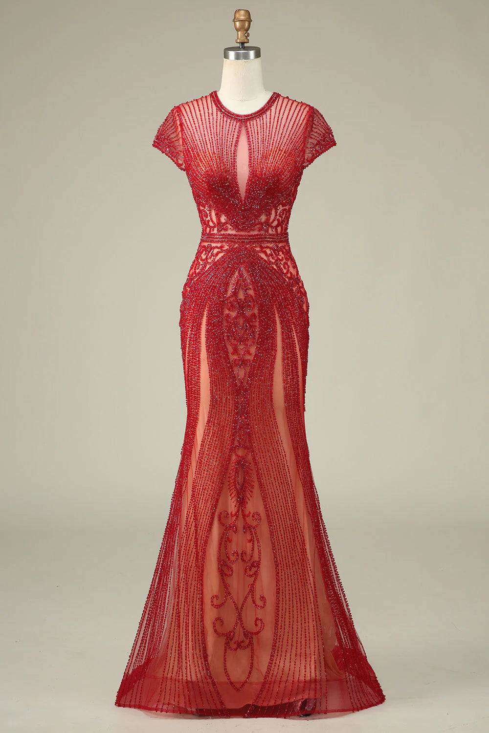 DingJiDress Luxurious Mermaid Jewel Neck Champagne Prom Dress with Beading