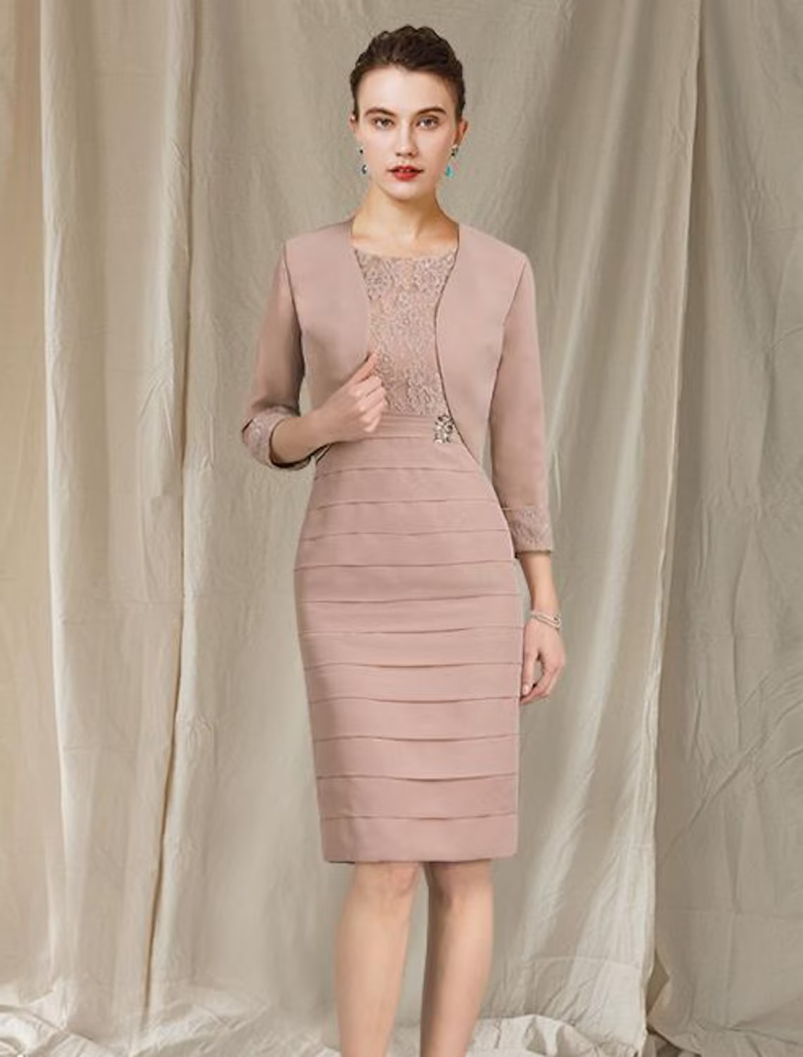 Two Piece Mother of the Bride Dress Church Elegant Knee Length Chiffon Short Sleeve Wrap Included with Tier