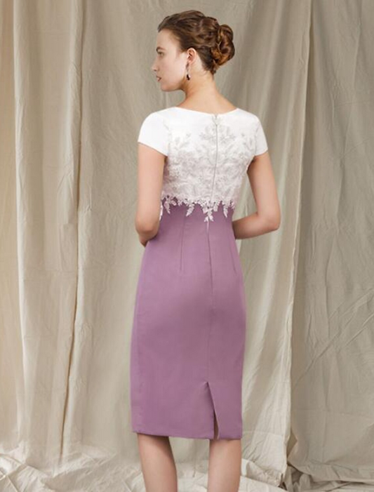 Mother of the Bride Dress Elegant Knee Length Chiffon Lace Short Sleeve with Appliques