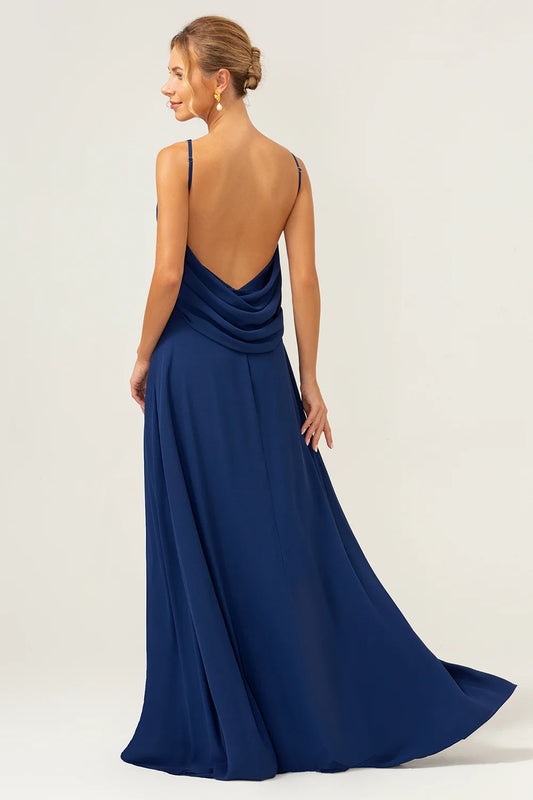 DingJiDress Elegant Mothers Of The Bride Dresses Mermaid Backless Long Chiffon Navy Bridesmaid Dress with Sleeveless