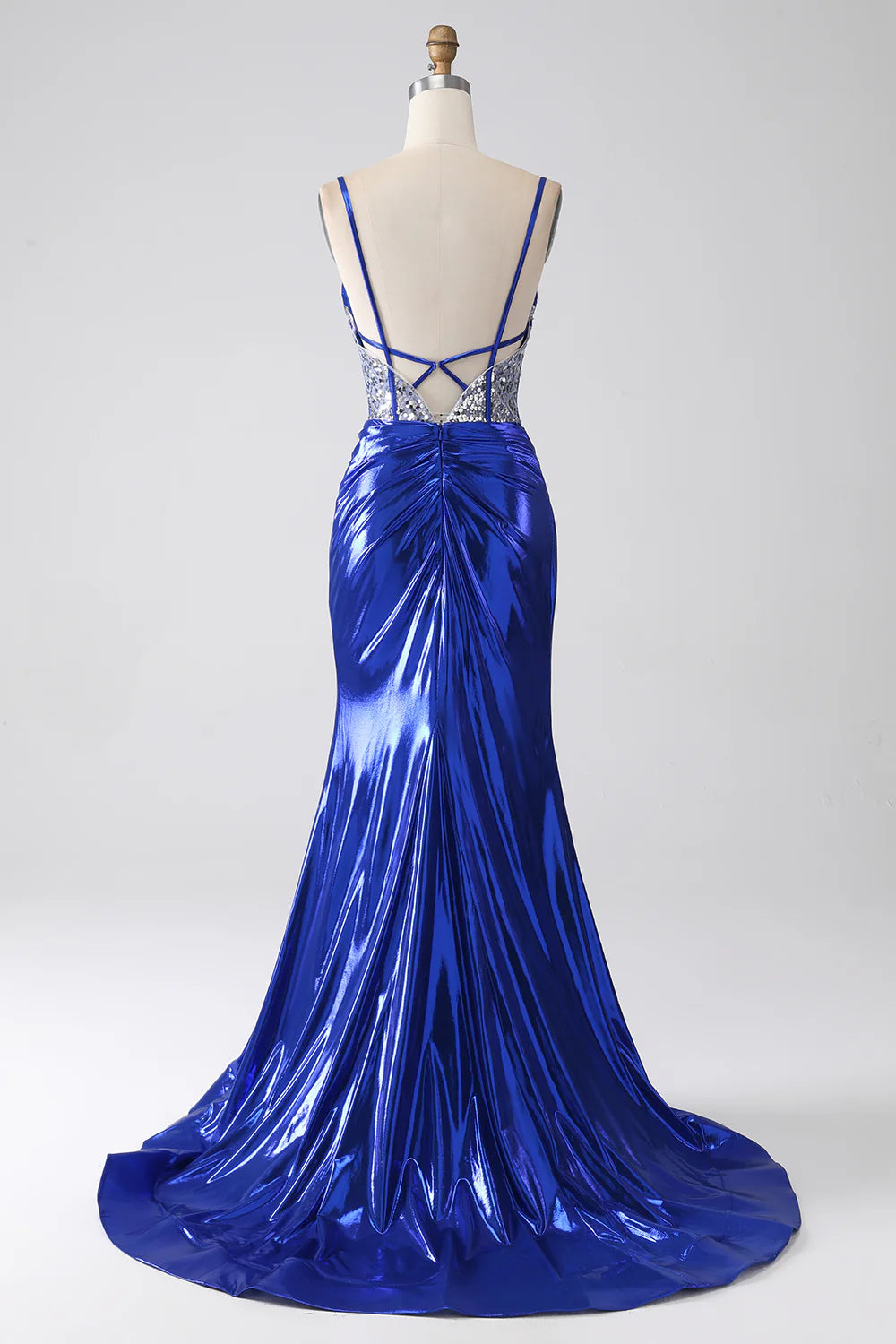DingJiDress Royal Blue Mermaid Sparkly Sequin Pleated Corset Prom Dress With Slit