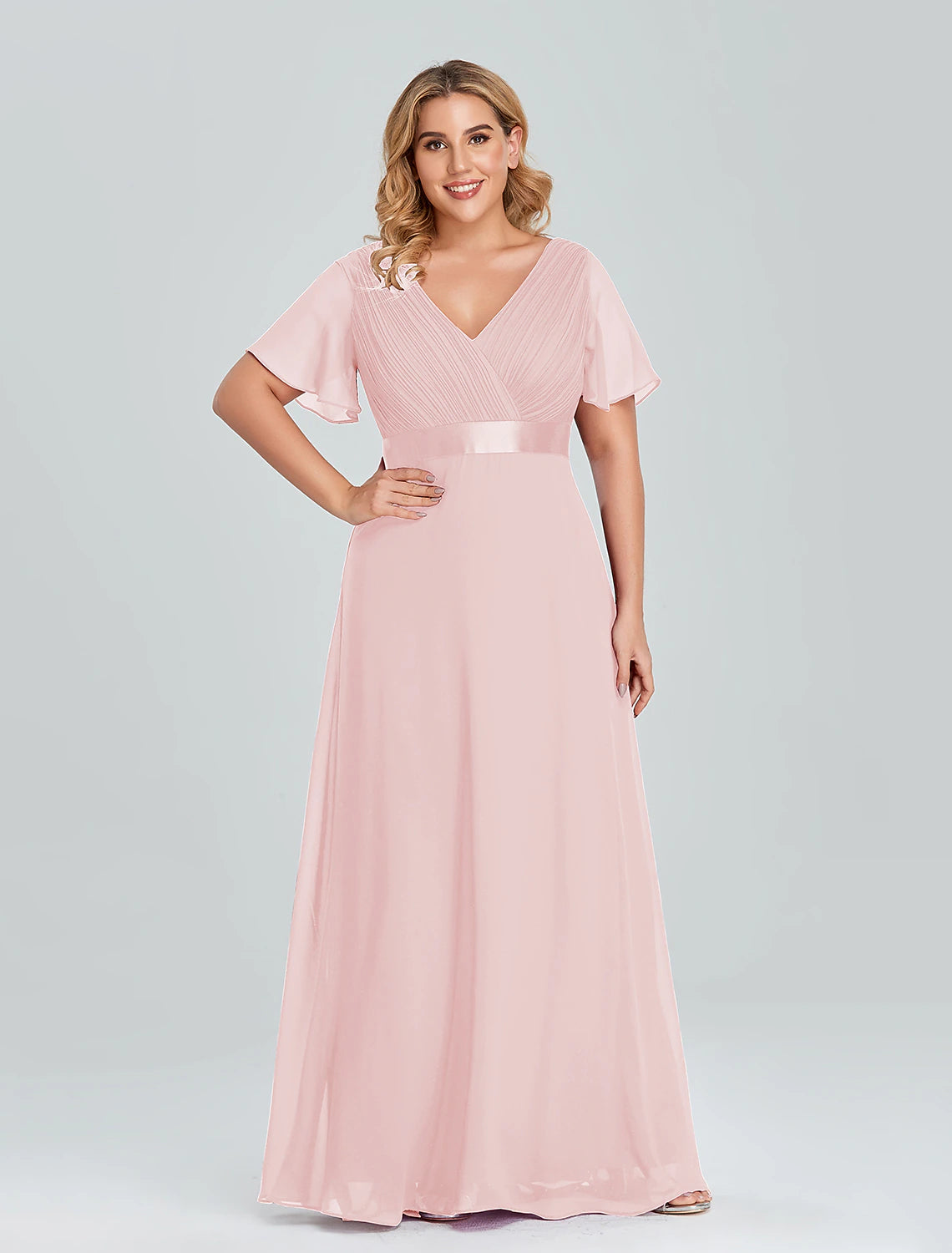 A-Line Prom Dresses Empire Dress Wedding Guest Floor Length Short Sleeve V Neck Chiffon with Pleats