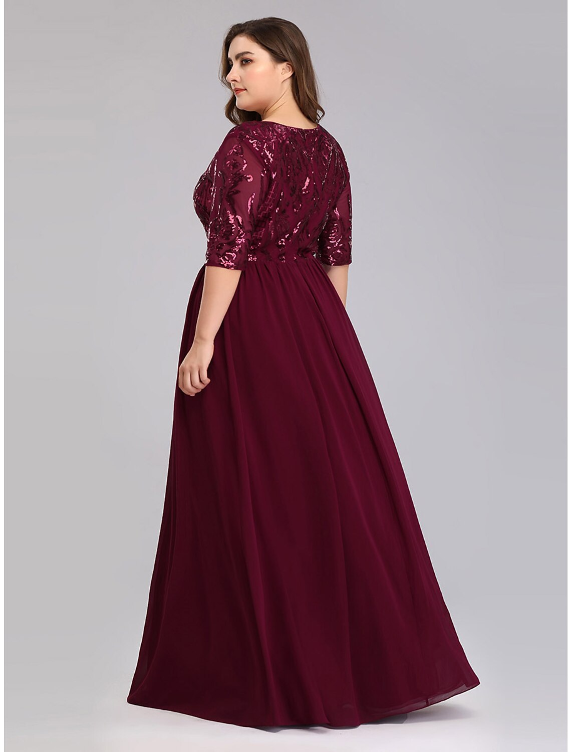 A-Line Prom Dresses Plus Size Dress Wedding Guest Floor Length Half Sleeve Plunging Neck Chiffon with