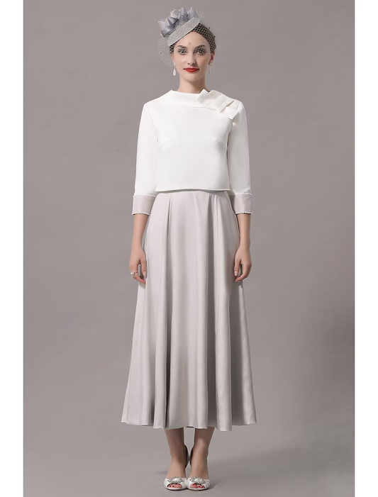 Two Piece Mother of the Bride Dress Church Elegant Ankle Length Stretch Satin Sleeve with Bow(s)