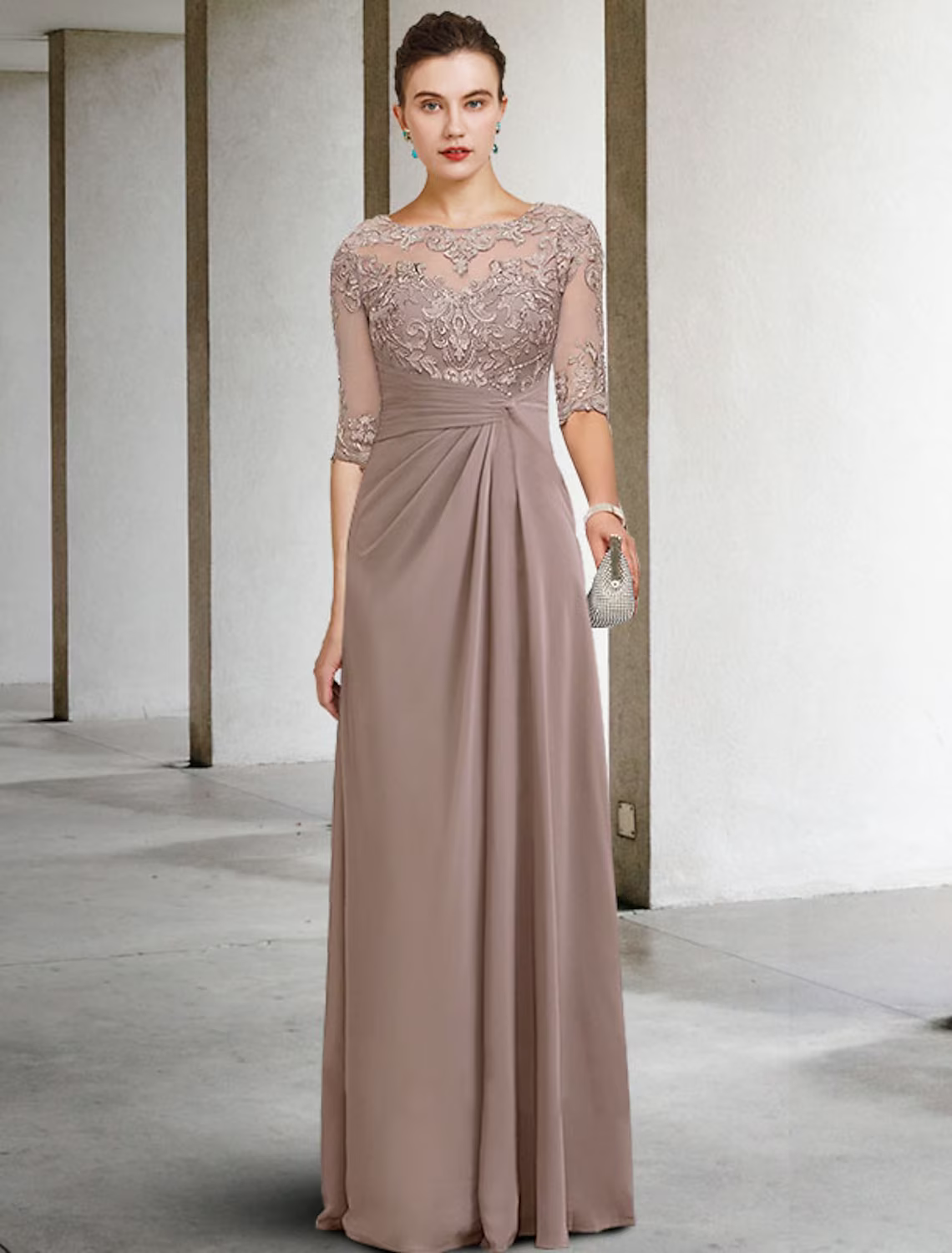 Mother of the Bride Dress Plus Size Elegant Jewel Neck Floor Length Chiffon Lace Short Sleeve with Appliques Side-Draped