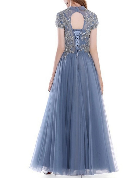 A-Line Evening Gown Vintage Dress Quinceanera Wedding Guest Floor Length Short Sleeve High Neck Tulle with Pleats Appliques