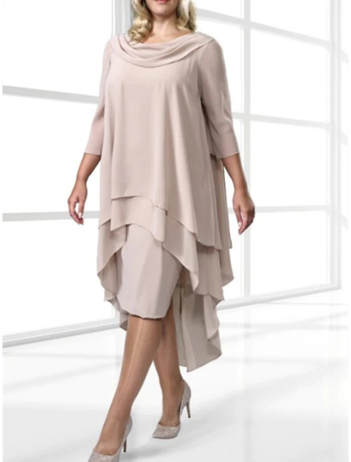 Sheath / Column Mother of the Bride Dress Wedding Guest Simple Scoop Neck Asymmetrical Stretch Chiffon 3/4 Length Sleeve with Ruching Solid Color