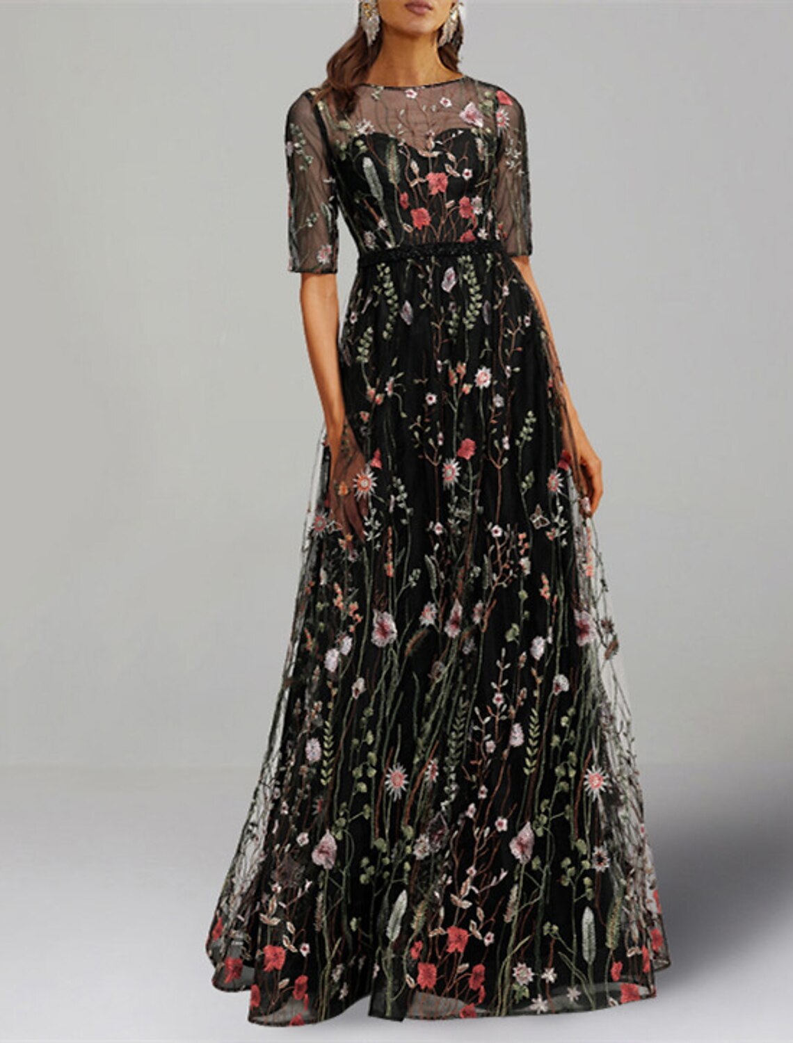 A-Line Prom Dresses Floral Dress Formal Wedding Guest Floor Length Half Sleeve Jewel Neck Charmeuse with Floral Print Embroidery