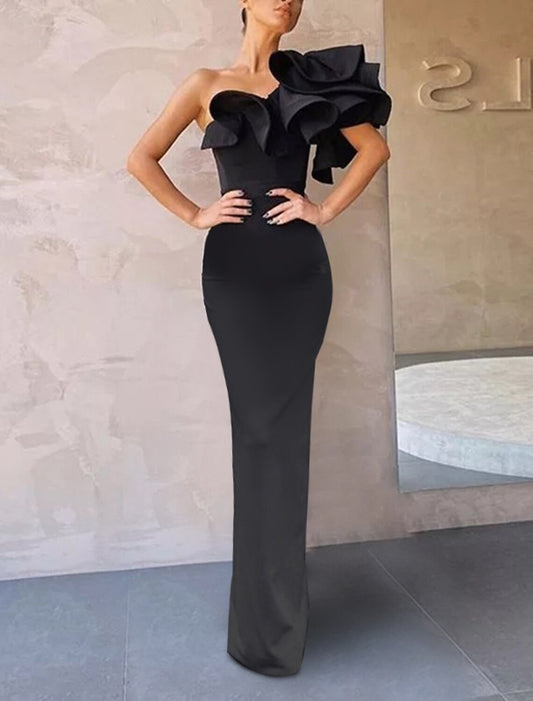 Mermaid / Trumpet Evening Gown Celebrity Style Dress Formal Wedding Guest Floor Length Sleeveless One Shoulder Stretch Fabric with Ruffles