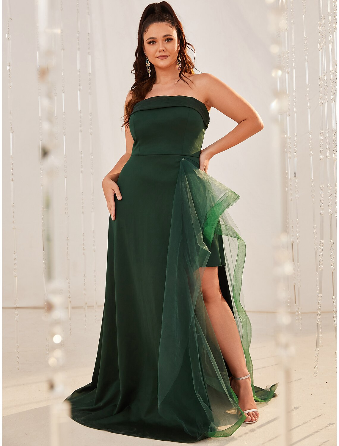 A-Line Wedding Guest Dresses Plus Size Dress Formal Sleeveless Strapless Organza with Slit