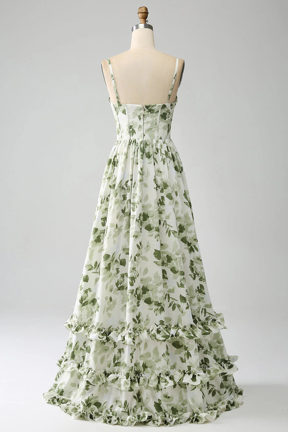 DingJiDress Green A-Line Spaghetti Straps Printed Pleated Long Prom Dress With Slit