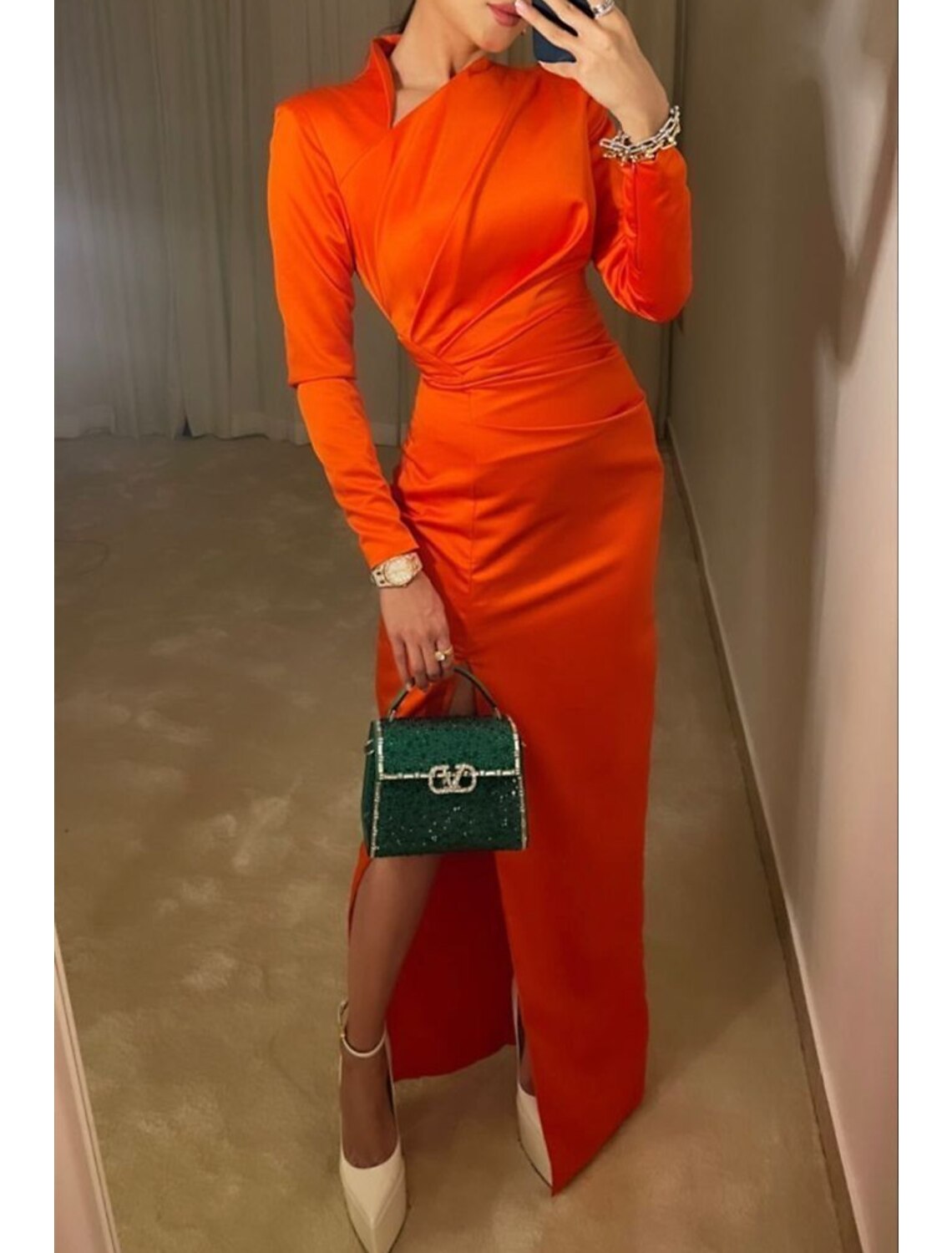 Sheath / Column Evening Gown Elegant Dress Formal Christmas Floor Length Long Sleeve High Neck Satin with Slit