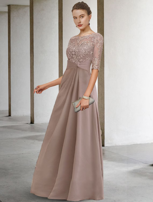 Mother of the Bride Dress Plus Size Elegant Jewel Neck Floor Length Chiffon Lace Short Sleeve with Appliques Side-Draped