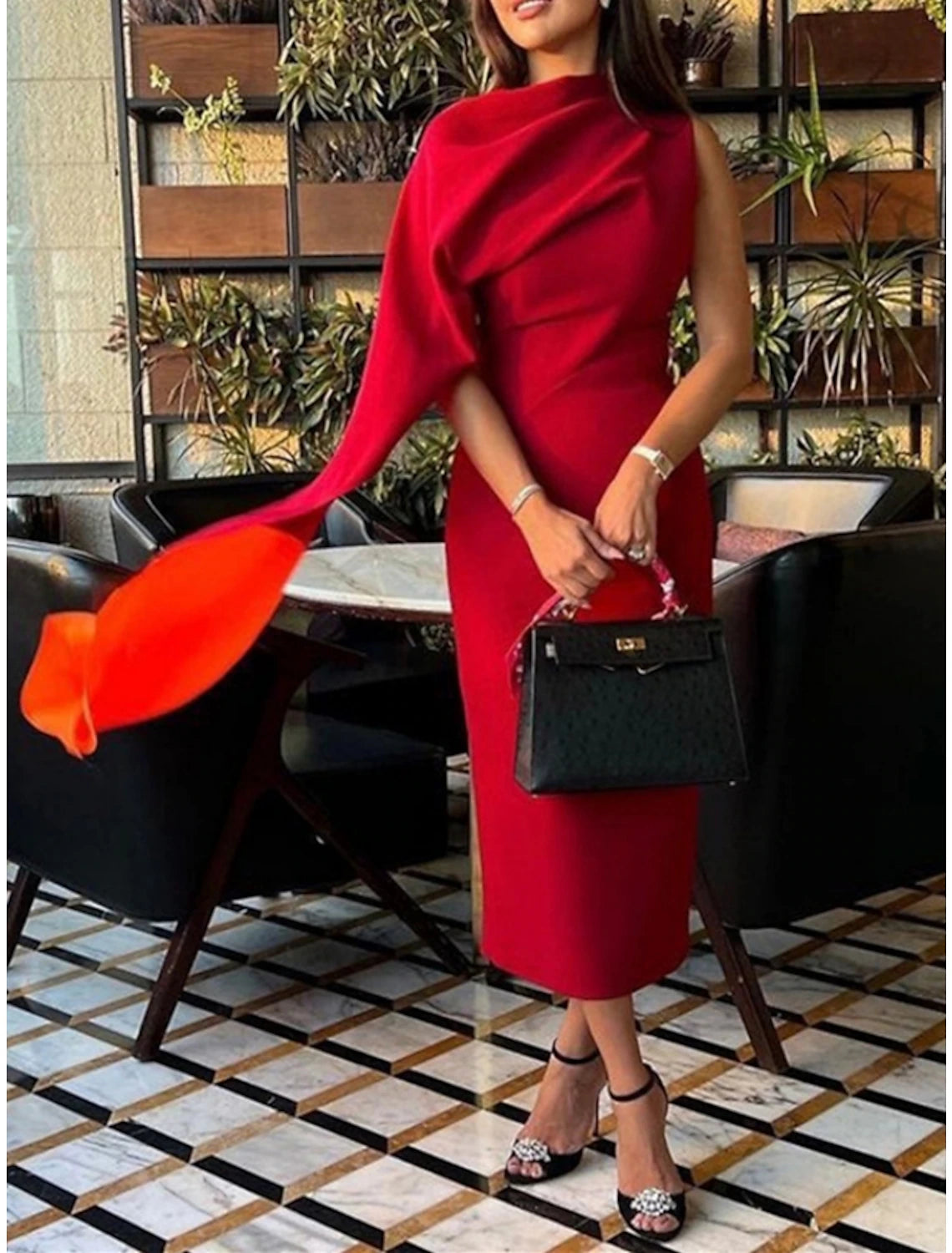 Sheath / Column Evening Gown Elegant Dress Formal Tea Length Christmas Red Green Dress Sleeveless Cowl Neck Stretch Fabric with Ruched
