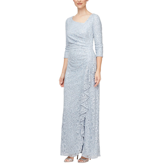Mother of the Bride or Groom Dresses Round Neck Long 3/4 Sleeve Ruffle and Front Slit Formal Dress Wedding Guests Dresses