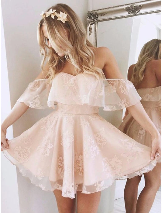 A-Line Homecoming Dresses Little Black Dress Dress Holiday Graduation Short / Mini Sleeveless Off Shoulder Lace with Appliques
