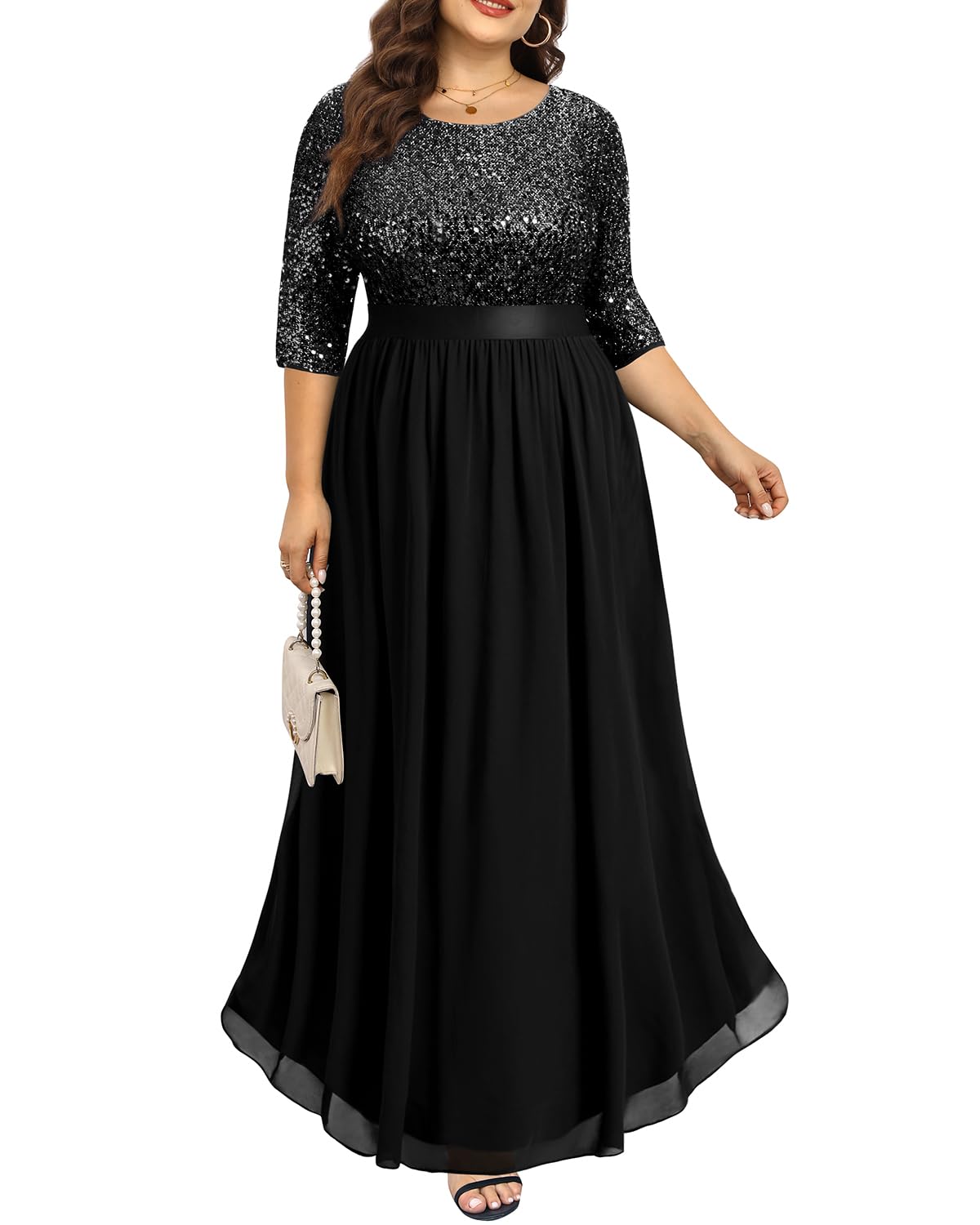DingJiDress Mother of the Groom / Bride Dresses Plus Size sequin Chiffon Long Maxi 3/4 Sleeve V-Back Formal Dress Formal Dresses Wedding Guest Dress