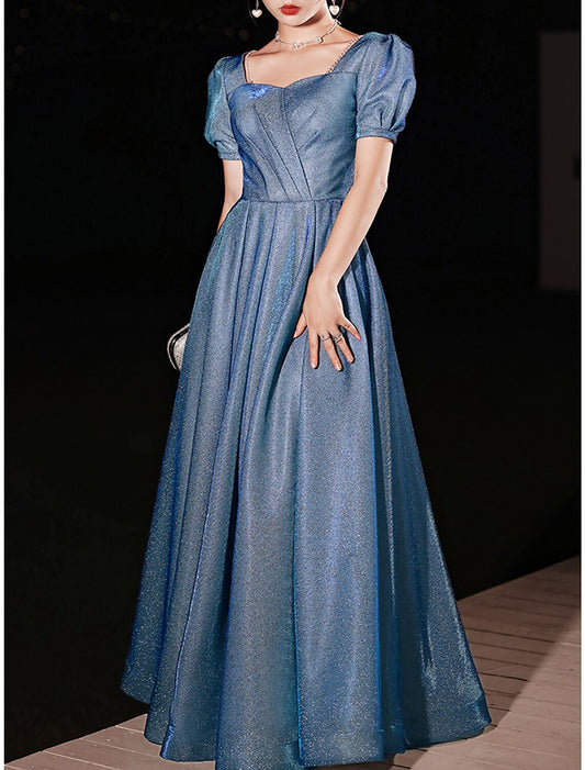 A-Line Prom Dresses Sparkle & Shine Dress Engagement Prom Floor Length Half Sleeve Sweetheart Satin with Ruched Pearls