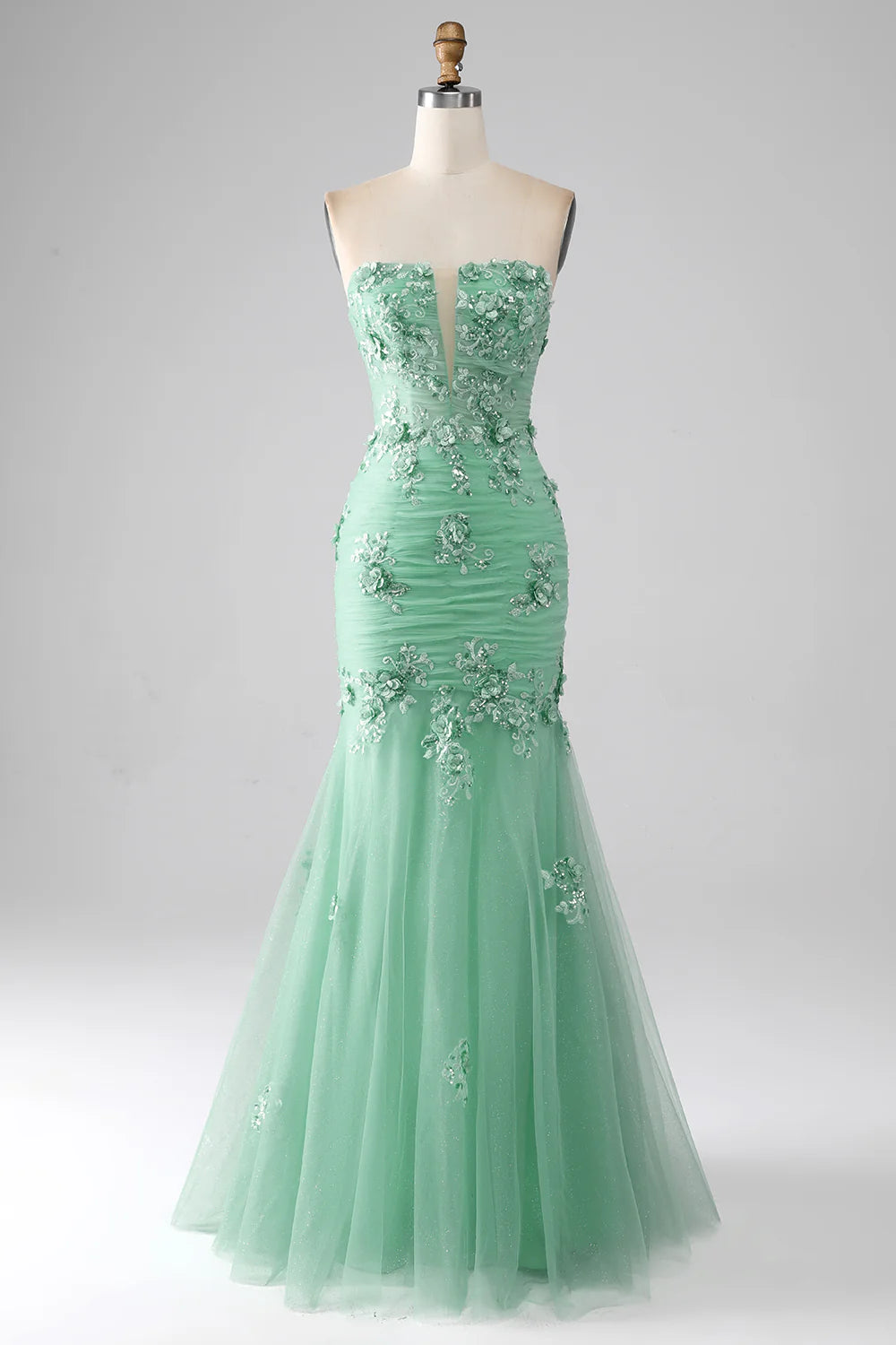 DingJiDress Green Mermaid Strapless Tulle Long Prom Dress with Appliques
