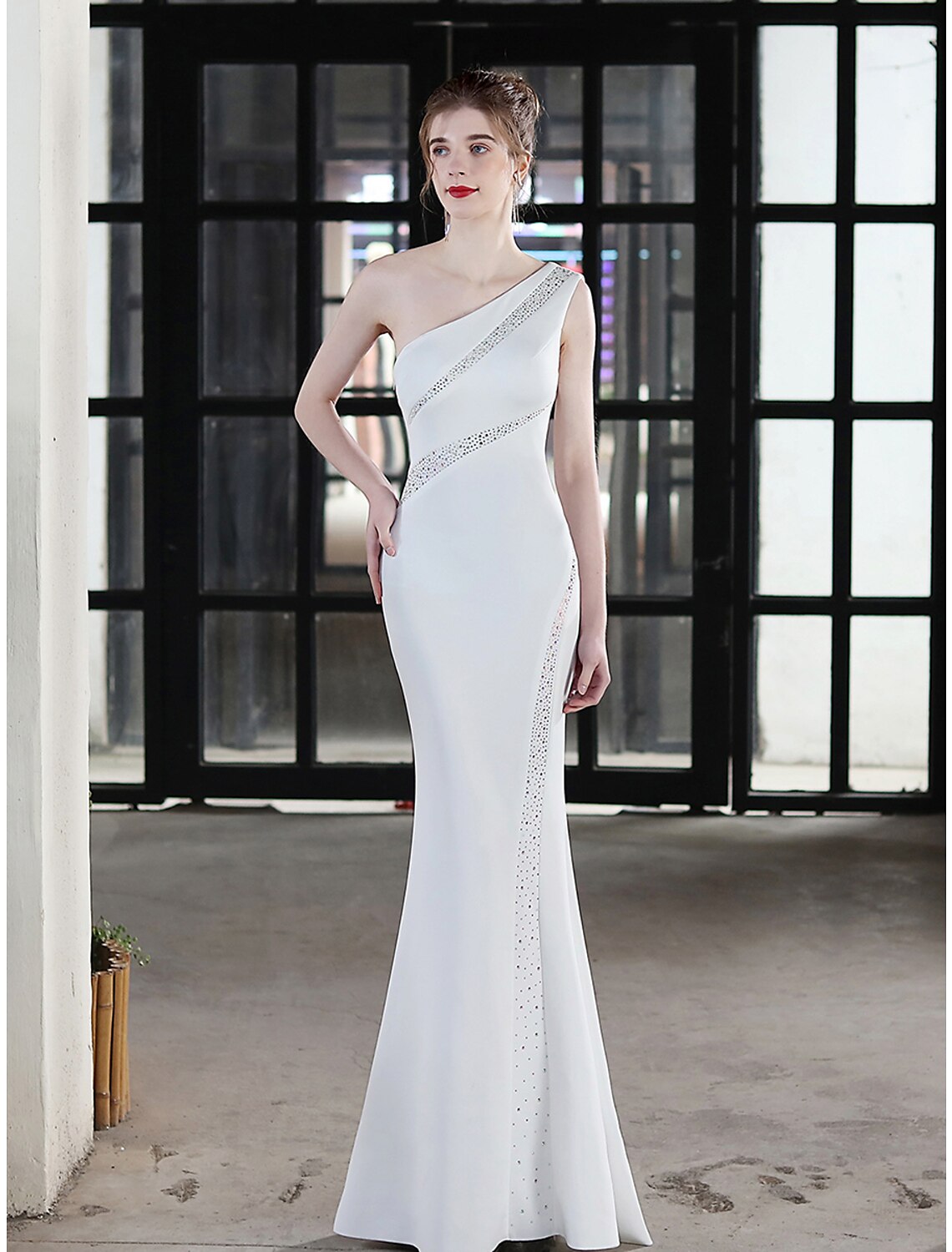 Evening Gown Sexy Dress Wedding Guest Floor Length Sleeveless One Shoulder Stretch Satin with Crystals
