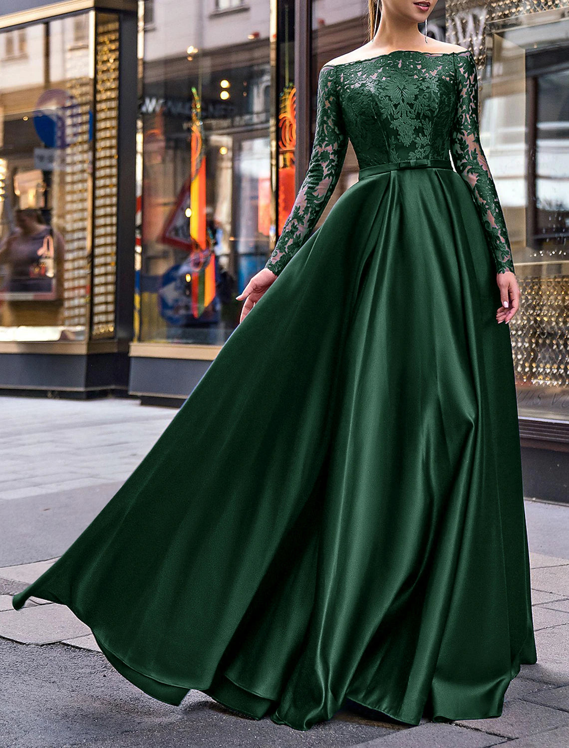 A-Line Evening Gown Party Dress Christmas Red Green Dress Elegant Dress Wedding Guest Fall Floor Length Long Sleeve Off Shoulder Belt / Sash Satin with Appliques