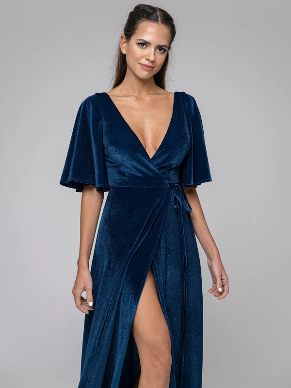 DingJiDress Flutter Sleeve Velvet Wrap Maxi Dress Bridesmaid Dresses