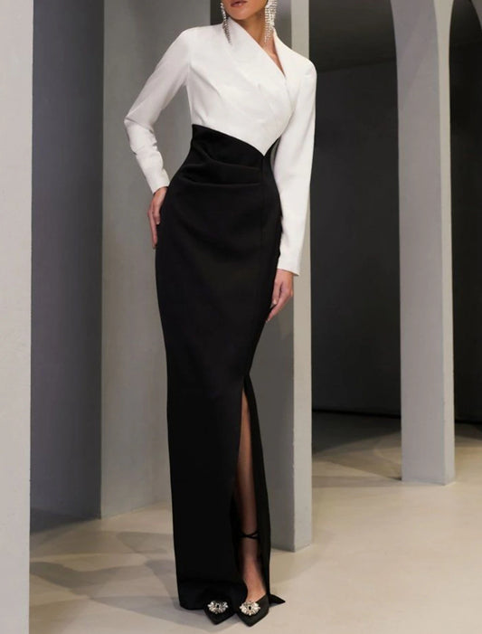 Sheath Black Dress Evening Gown Elegant Dress Formal Wedding Guest Floor Length Long Sleeve V Neck Stretch Fabric with Slit