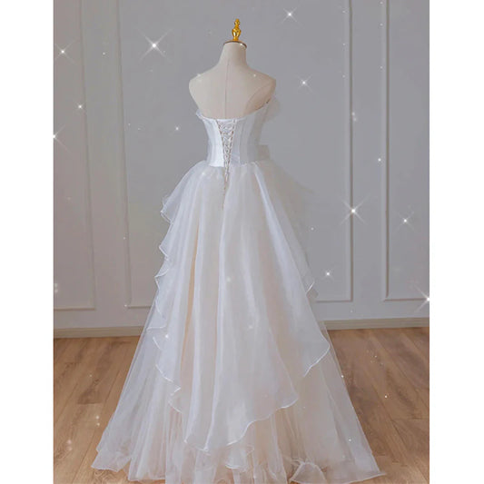 DingJiDress Formal Women's Dresses French Strapless Bow Tie Long Irregular Gorgeous Wedding Dress