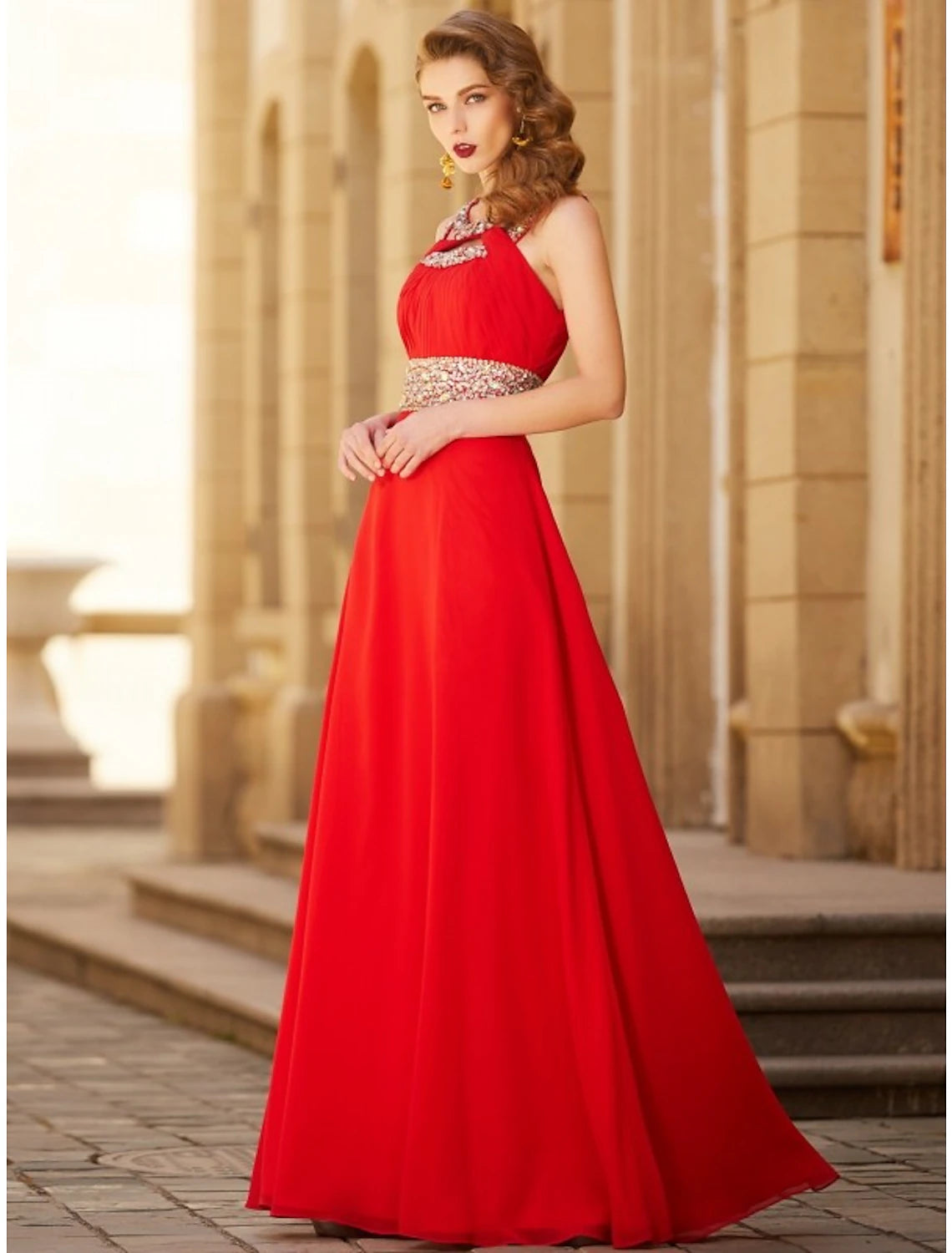 A-Line Evening Gown Sparkle & Shine Dress Wedding Guest Party Wear Floor Length Sleeveless Halter Neck Chiffon with Rhinestone