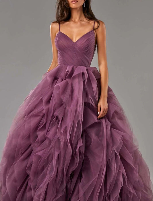 Ball Gown Party Dress Beautiful Back Elegant Prom Formal Evening Dress V Neck Sleeveless Sweep / Brush Train Tulle with Ruffles