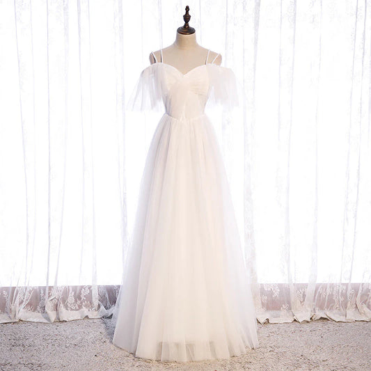 DingJiDress Formal Women's Dresses A Line Sleeveless Tulle Shoulder Strap Bead String Long Simple Wedding Dress