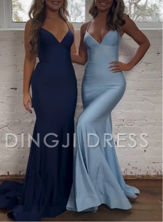 DingJiDress Pretty Mermaid Spaghetti Straps Lace Up Back Long Satin Elegant Prom Dress