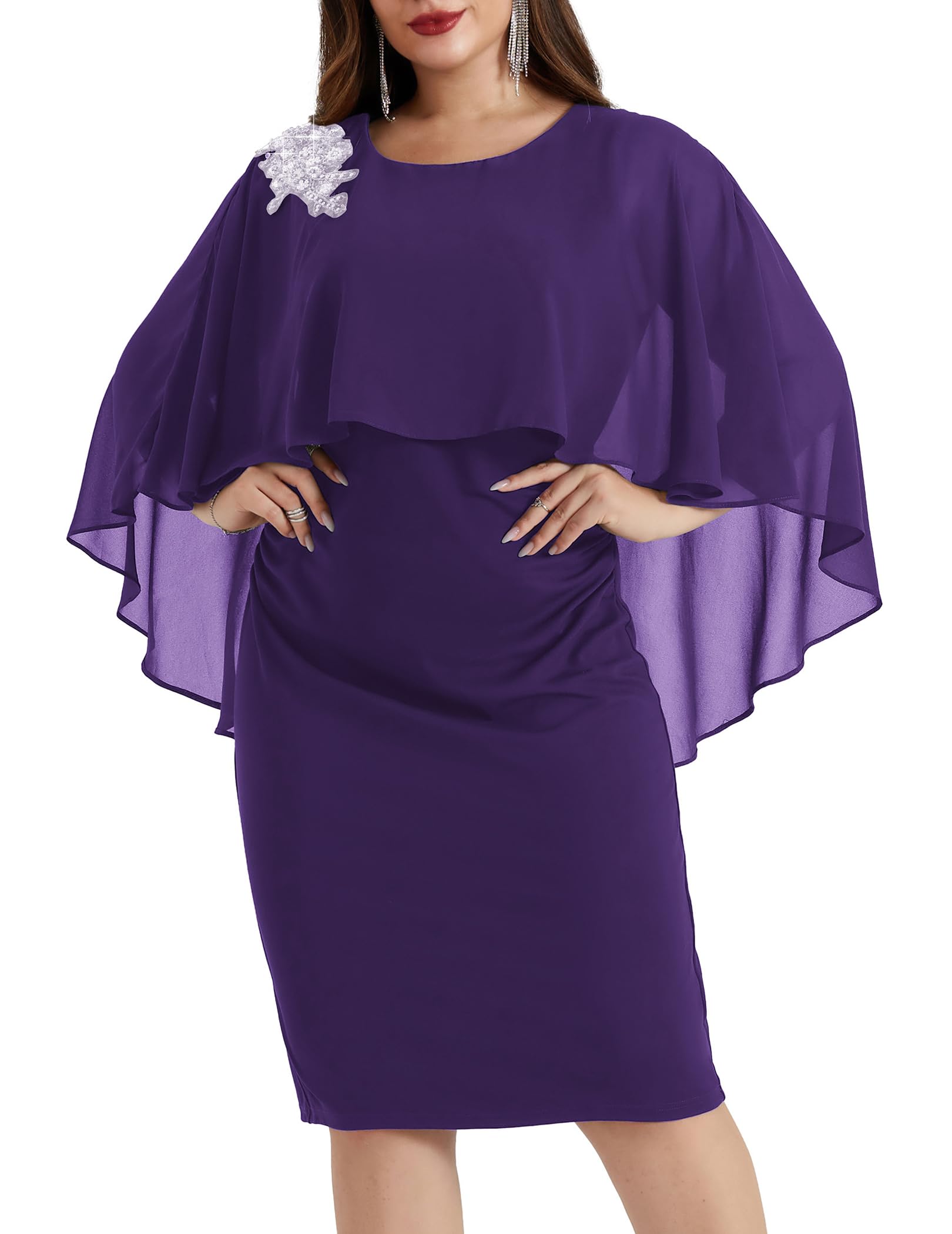 DingJiDress Mother of the Groom / Bride Dresses Women Chiffon Cape Crew Neck Elegant Hand-Beaded Cocktail Bodycon Dresses Formal Dresses Wedding Guest Dress