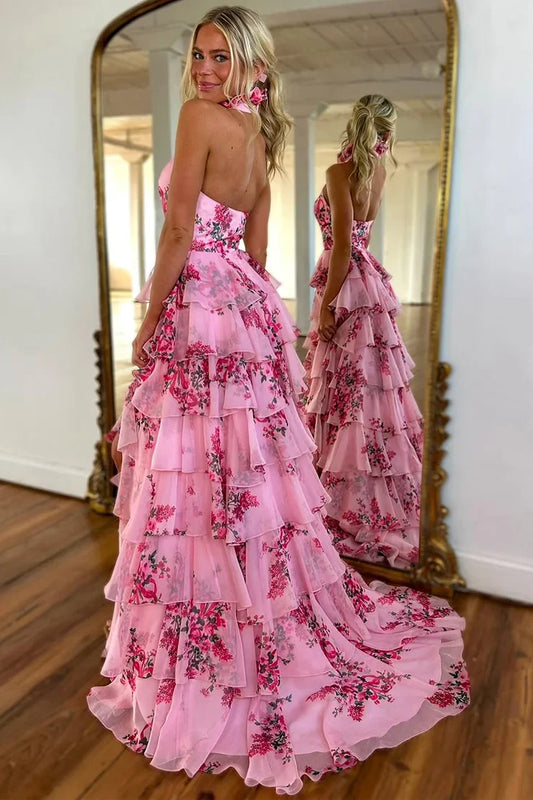 DingJiDress Cute Sheath Halter Floral Printed Chiffon Tiered with Slit Elegant Prom Dress
