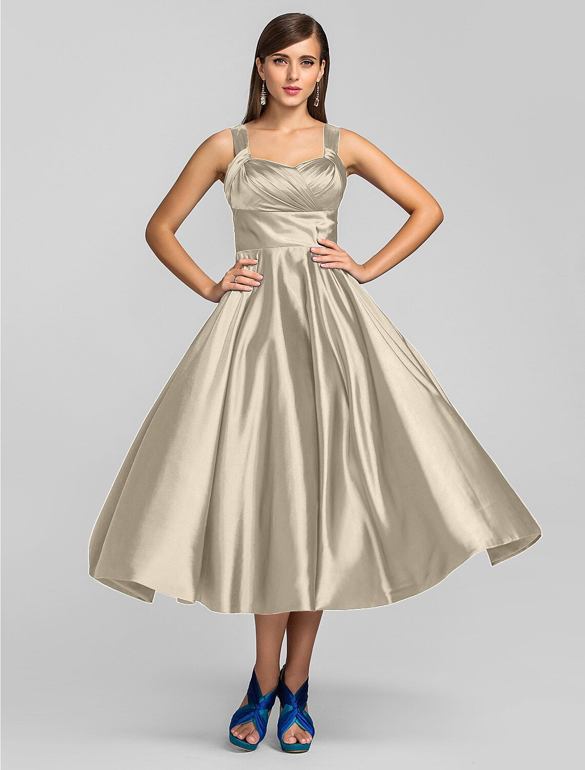 A-Line Minimalist Dress Wedding Guest Tea Length Sleeveless Square Neck Stretch Satin with Criss Cross