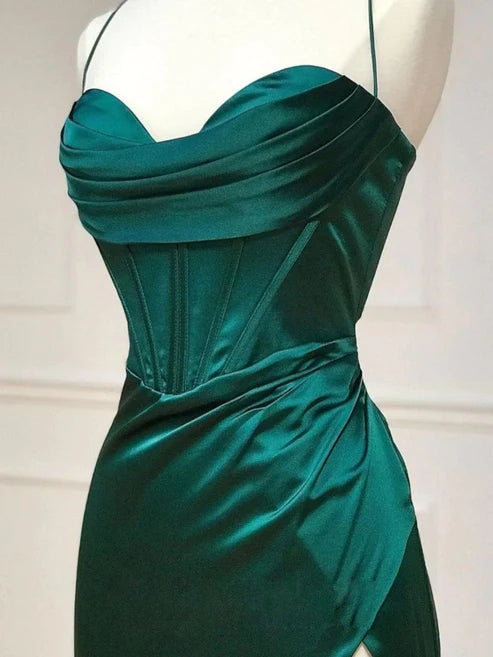 DingJiDress Emerald Floor Length Corset Prom Dresses With Side Slit