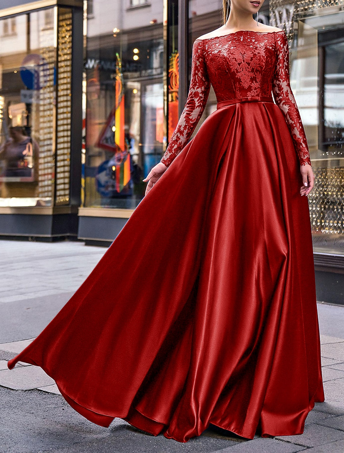 A-Line Evening Gown Party Dress Christmas Red Green Dress Elegant Dress Wedding Guest Fall Floor Length Long Sleeve Off Shoulder Belt / Sash Satin with Appliques