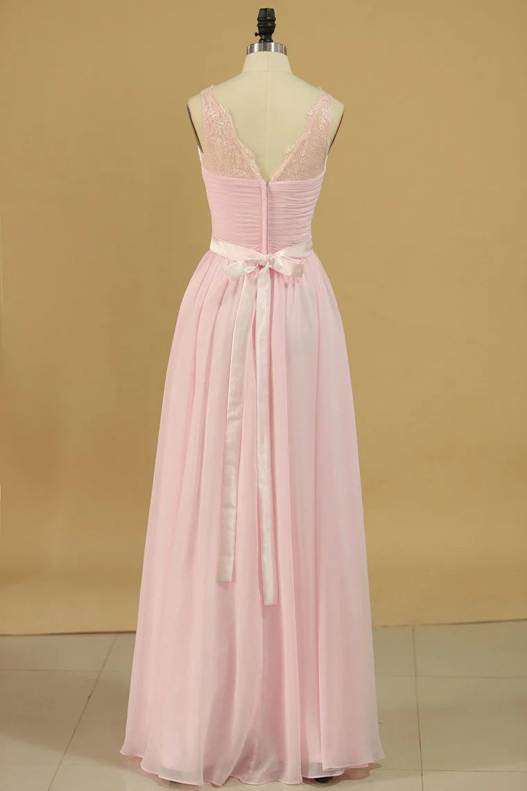 DingJiDress Chiffon Sash Bridesmaid Dresses A Line V Neck With Ruffles