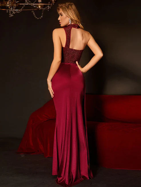 DingJiDress Gorgeous Wine Halter Pleated Evening Dress