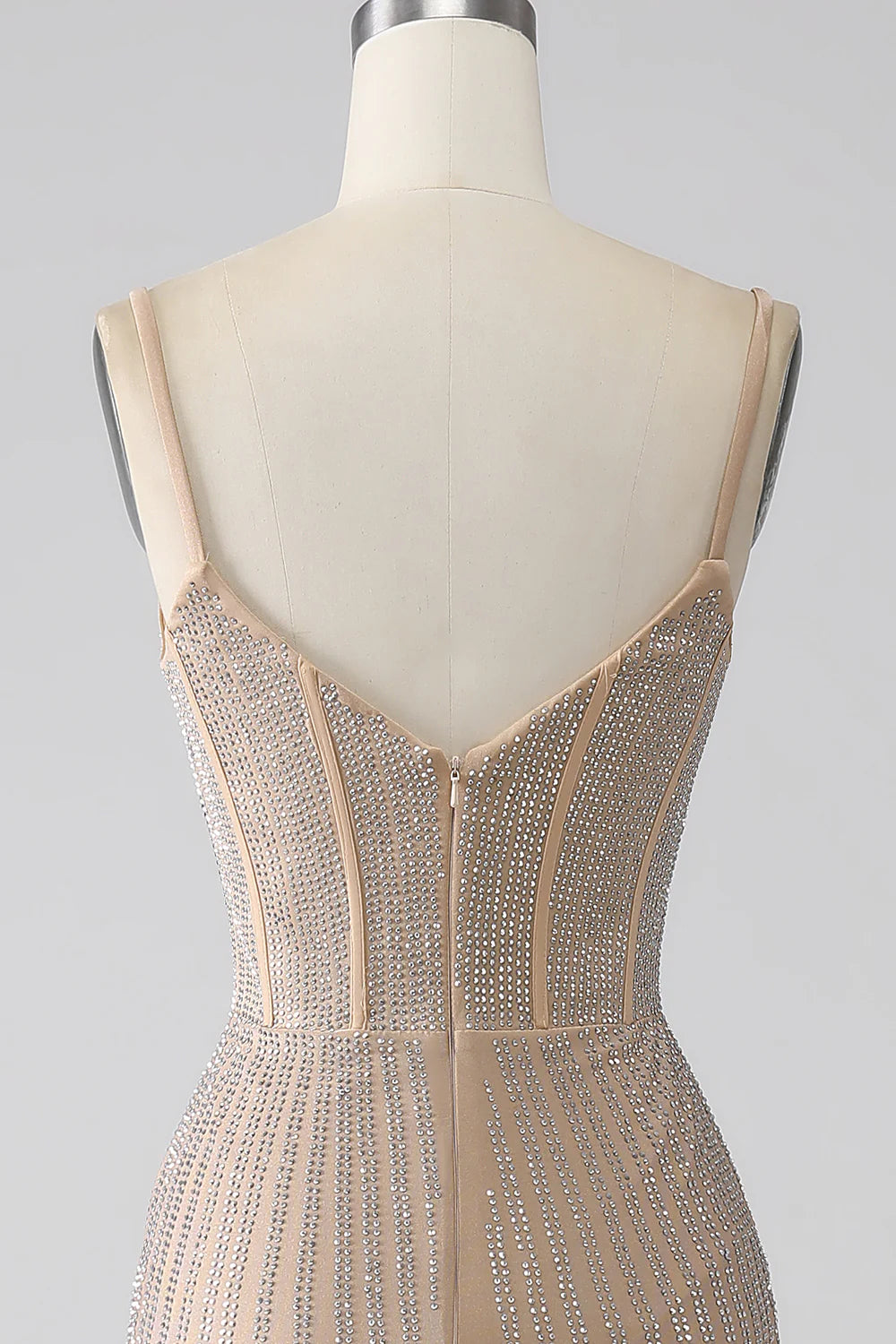 DingJiDress Sparkly Champagne Mermaid Spaghetti Straps Long Prom Dress with Slit