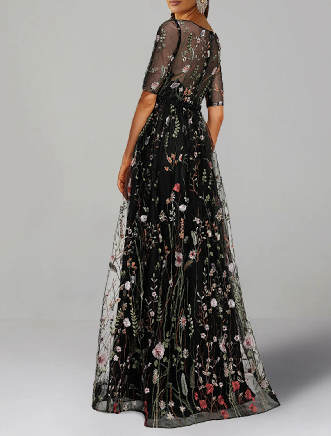 A-Line Prom Dresses Floral Dress Formal Wedding Guest Floor Length Half Sleeve Jewel Neck Charmeuse with Floral Print Embroidery