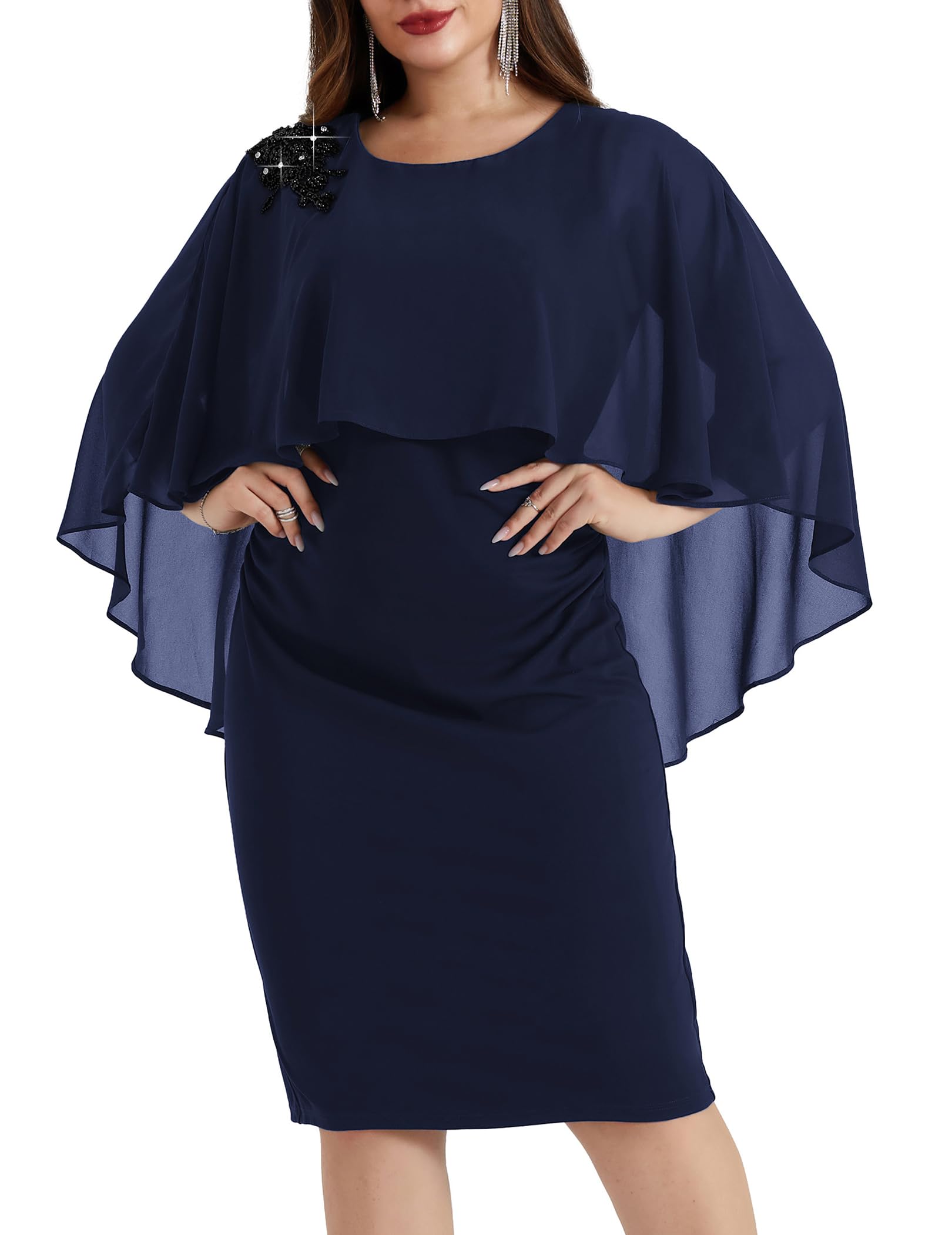 DingJiDress Mother of the Groom / Bride Dresses Women Chiffon Cape Crew Neck Elegant Hand-Beaded Cocktail Bodycon Dresses Formal Dresses Wedding Guest Dress