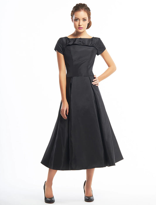 A-Line Vintage Dress Homecoming Wedding Guest Tea Length Short Sleeve Boat Neck Taffeta with Buttons