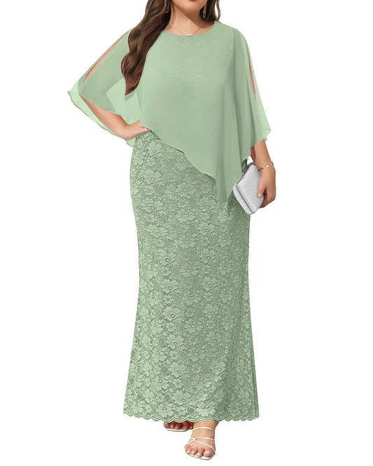 DingJiDress Mother of the Groom / Bride Dresses Plus Size Cape Dress with Chiffon Overlay Gown Lace Long Mermaid Dresses Formal Dresses Wedding Guest Dress