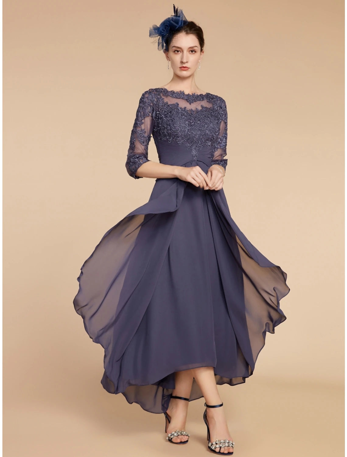 A-Line Mother of the Bride Dress Wedding Guest Elegant Scoop Neck Ankle Length Chiffon Lace 3/4 Length Sleeve with Ruching