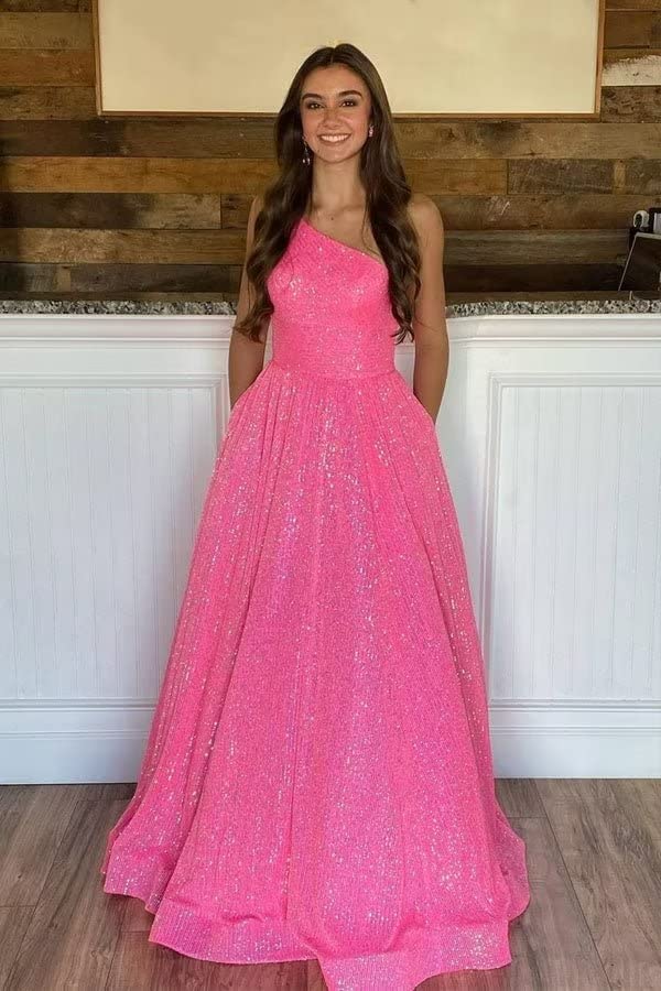 DingJiDress Prom Dresses One Shoulder Sequin Long with Pockets Sparkly A Line
