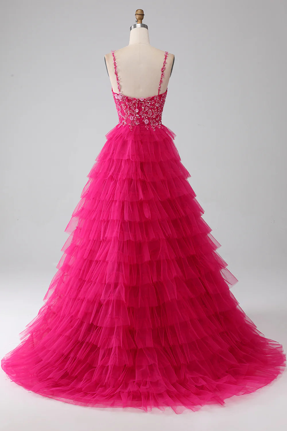 DingJiDress Fuchsia Princess A-Line Spaghetti Straps Sequin Tiered Long Prom Dress with Slit