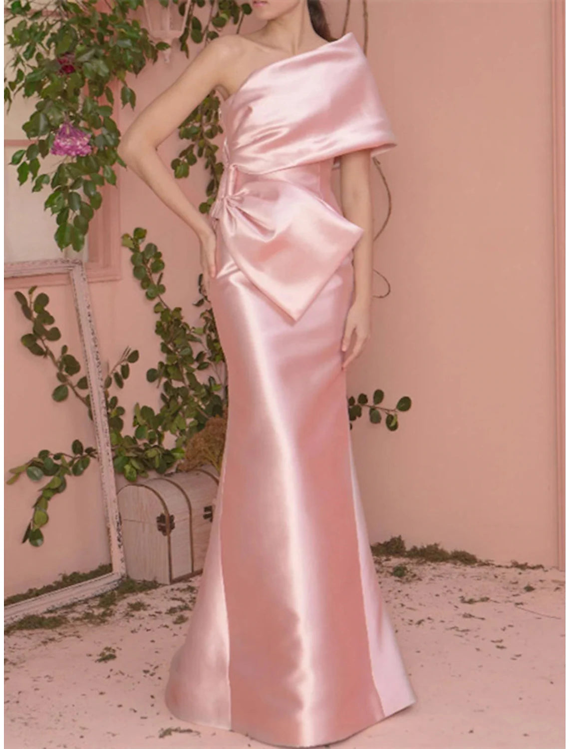 Mermaid / Trumpet Prom Dresses Celebrity Style Dress Engagement Formal Evening Floor Length Short Sleeve One Shoulder Satin with Bow(s)